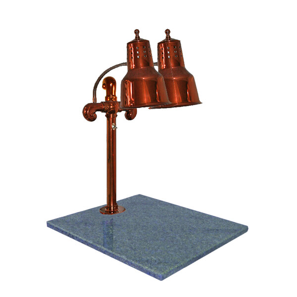 A Hanson Heat Lamps smoked copper carving station with natural granite base and two lamps.
