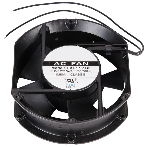An Avantco axial evaporator fan with a black cover and white label.