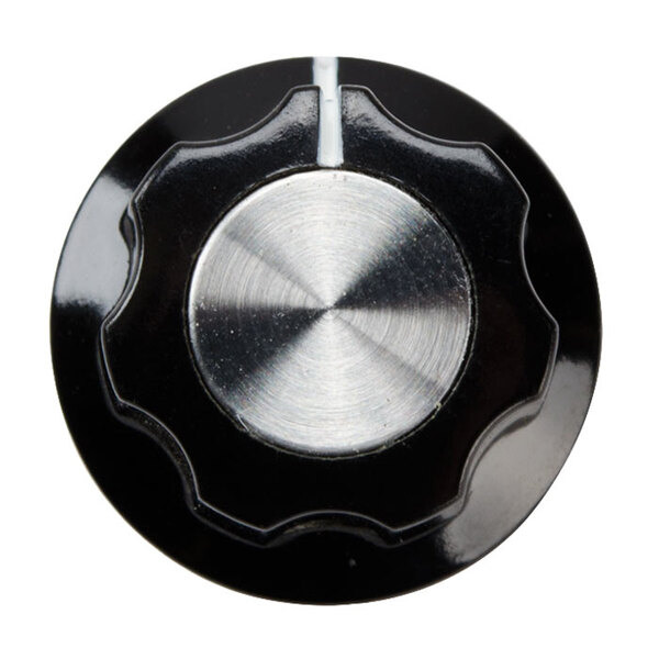 A black and silver Nemco thermostat knob with a white line.