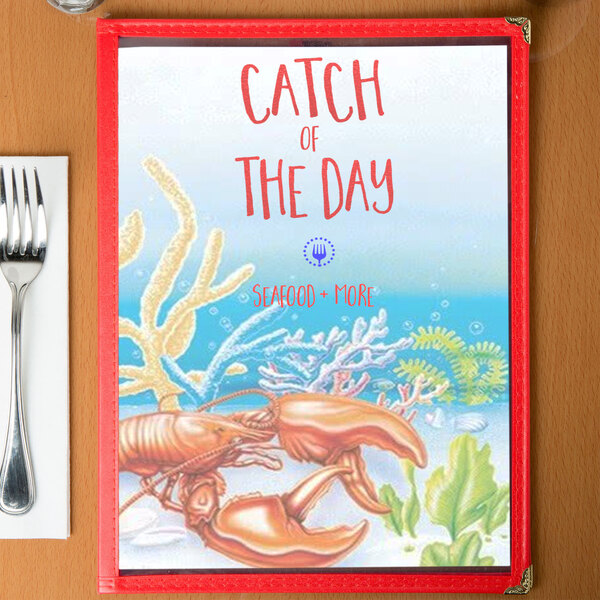 Menu paper with a white background and a red frame featuring lobsters and seaweed.
