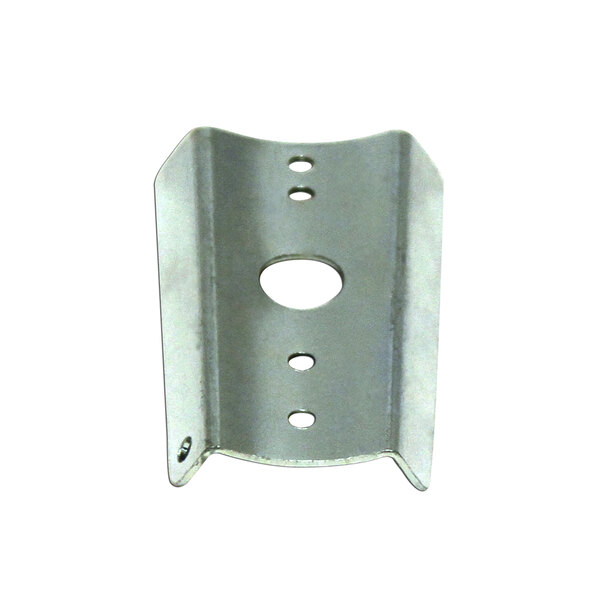 A close-up of a San Jamar metal bracket with holes.