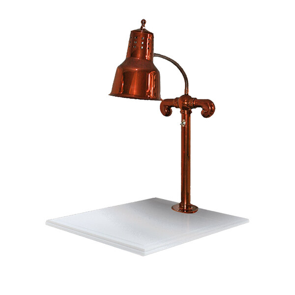 A copper Hanson Heat Lamp over a white surface.