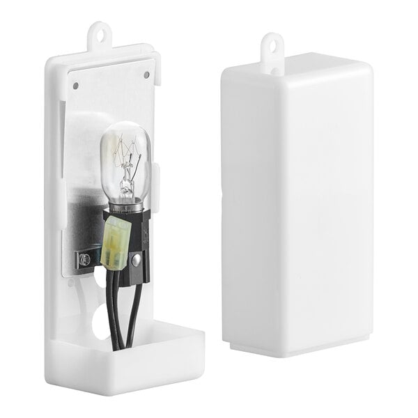 A white plastic light bulb cover and a small light bulb assembly for Avantco SS, CFD, and A Series equipment.