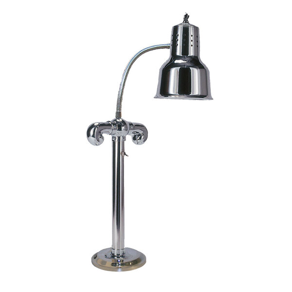A stainless steel Hanson Heat Lamp with a curved pole and round base with a chrome finish.
