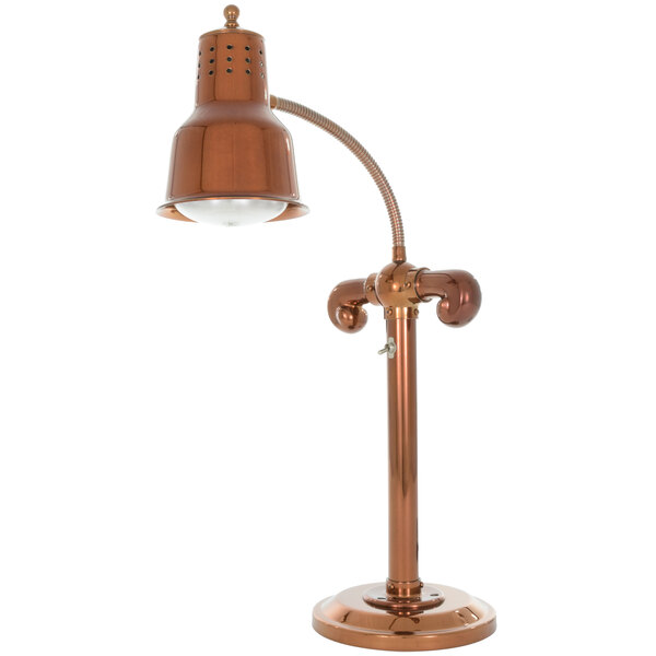 A Hanson Heat Lamps freestanding countertop heat lamp with a smoked copper finish and a white cover.