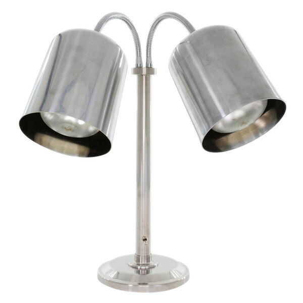 A Hanson Heat Lamps stainless steel freestanding lamp with two shades over two bulbs.