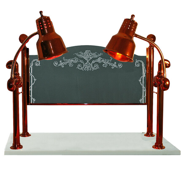 A Hanson Heat Lamps carving station with white solid base and sneeze guard under two lamps.