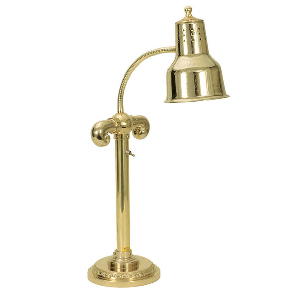 A Hanson Heat Lamps brass freestanding heat lamp with a curved neck over a polished brass round solid base.