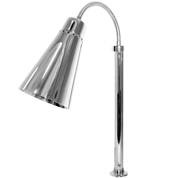 A silver Hanson Heat Lamps flexible single bulb heat lamp with a curved metal pole.