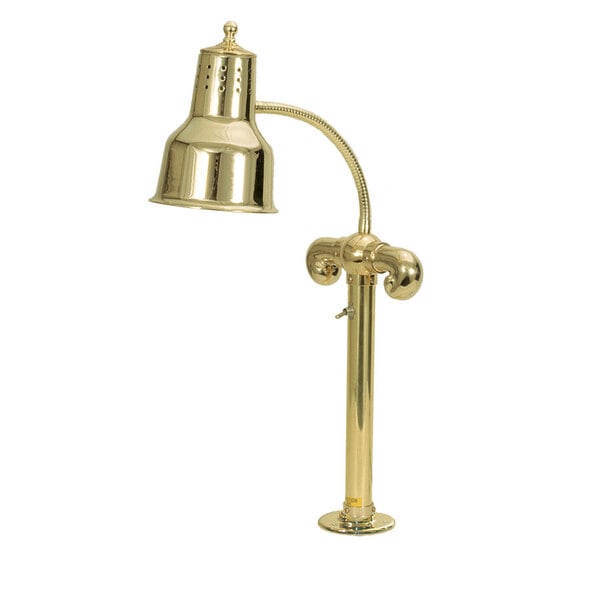 A brass Hanson Heat Lamp with a white background.