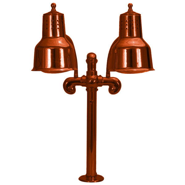 A Hanson Heat Lamps dual bulb heat lamp stand with a smoked copper finish.