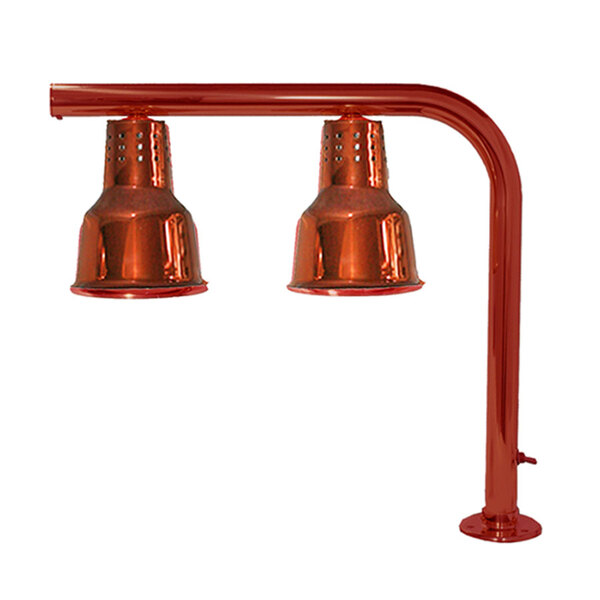 A Hanson Heat Lamp with a Smoked Copper finish holding two red bulbs.