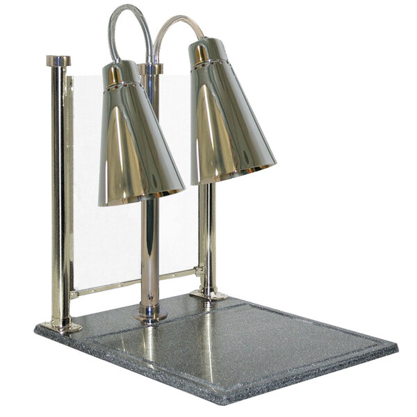 A Hanson Heat Lamps stainless steel carving station with two lamps and a sneeze guard.