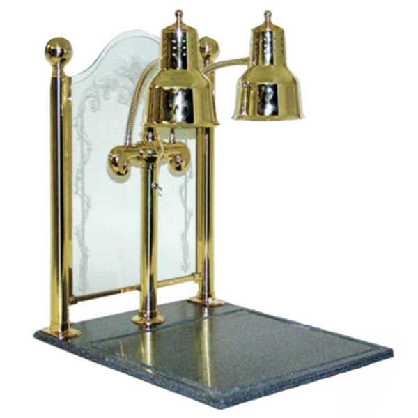 A Hanson brass carving station lamp with a natural granite base and sneeze guard.