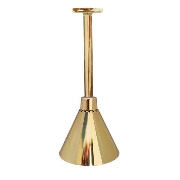 A Hanson Heat Lamps brass ceiling mount heat lamp.