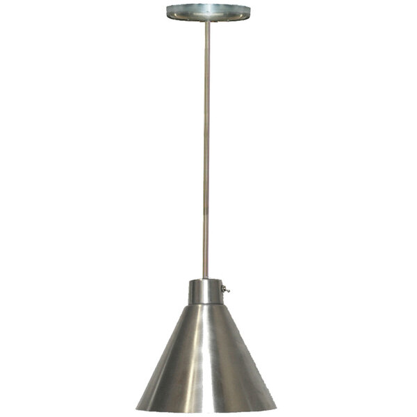 A Hanson Heat Lamps stainless steel ceiling mount heat lamp with a metal cone.