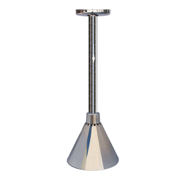 A Hanson Heat Lamps ceiling mount with a silver cone-shaped lamp.