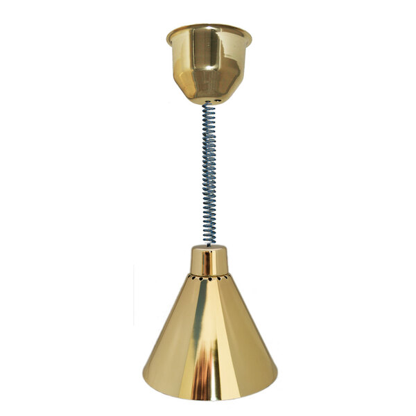 A Hanson Heat Lamps brass ceiling mount heat lamp with a metal rod.