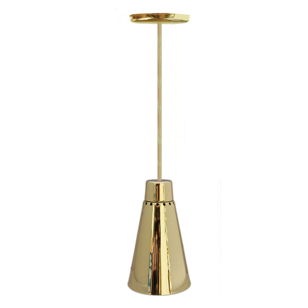 A Hanson Heat Lamps brass ceiling mount heat lamp with a white cone.