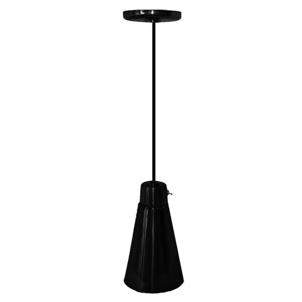 A black Hanson Heat Lamp with a black cone-shaped shade hanging from a black pole.