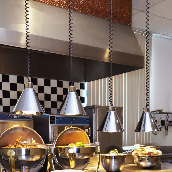 A Hanson Heat Lamp with a stainless steel finish mounted in a kitchen.