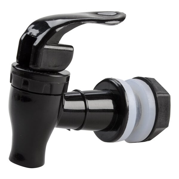 A black plastic faucet with a white and black plastic insert.