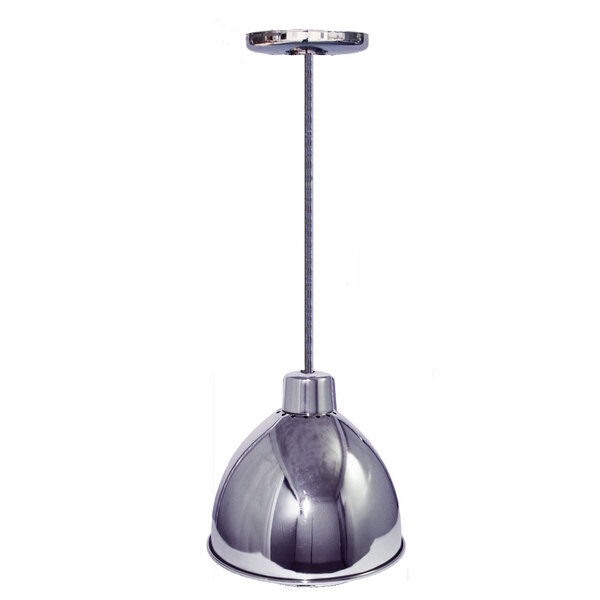 A silver ceiling mount heat lamp with a shiny finish.