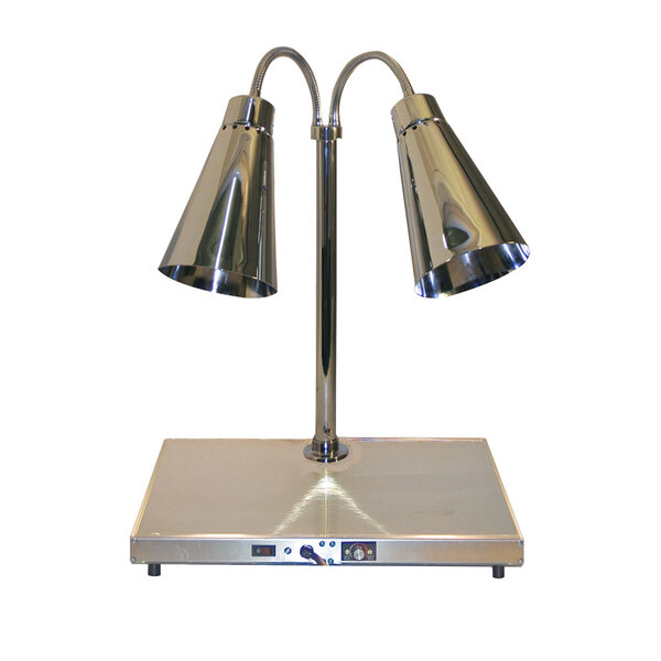 A silver Hanson Heat Lamps carving station with two lamps on a metal surface.