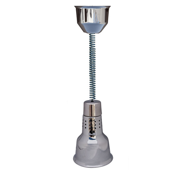 A Hanson Heat Lamps ceiling mount heat lamp with a chrome finish and a metal spring on a stand.