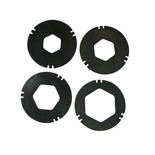 A group of black circular plastic pieces with holes in them.
