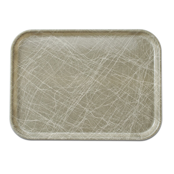 A rectangular gray Cambro cafeteria tray with gray and white abstract lines.