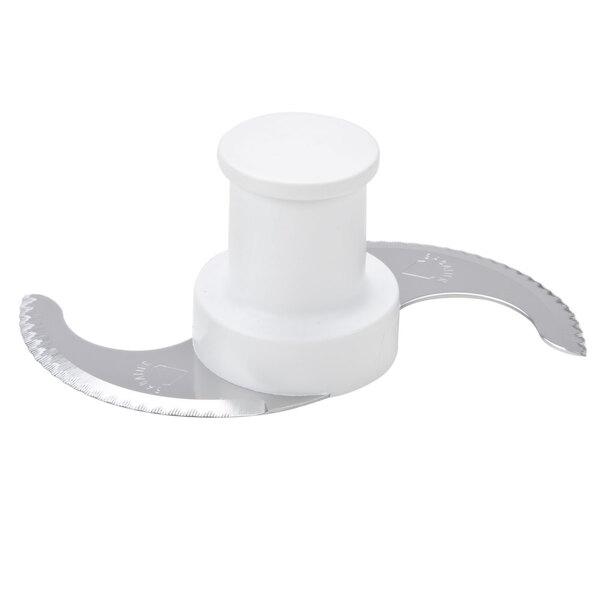 A white plastic object with a metal blade and round top, the Robot Coupe 27135 Fine Serrated "S" Blade.