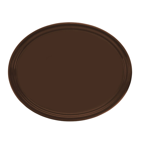 A brown oval Cambro tray with a white background.