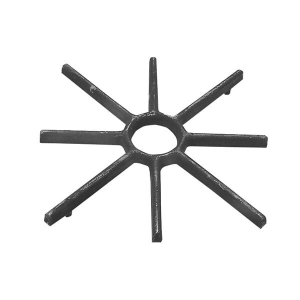 A black metal All Points cast iron spider grate with six pointed ends and a circle in the middle.