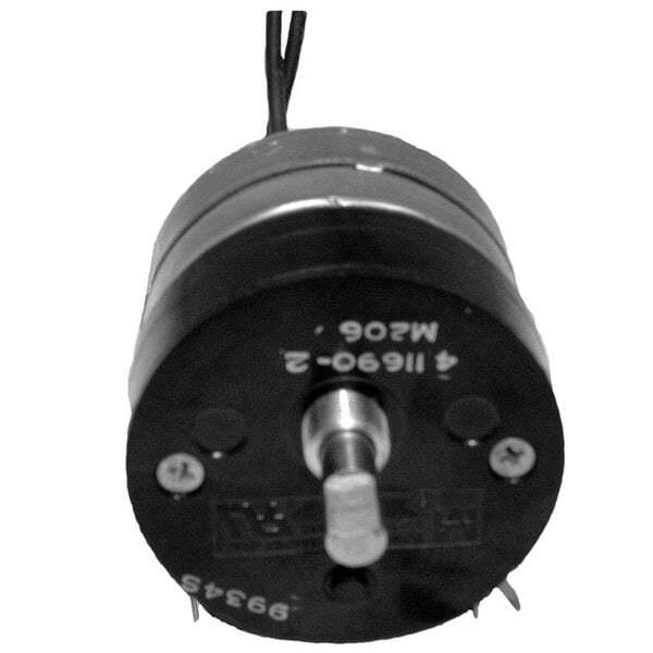 A small round black electric motor with a metal rod.