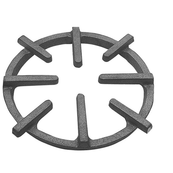 A black metal cast iron spider ring grate with cross-shaped lines.