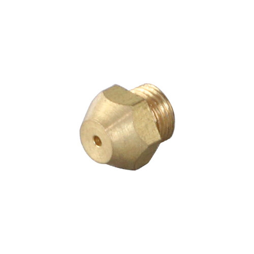 A brass threaded nut on a white background.
