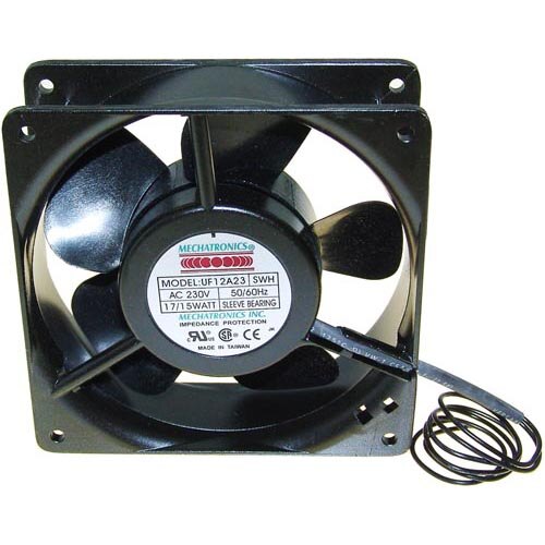 A black All Points axial fan with a cord and wires.