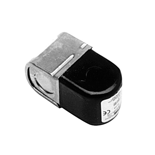 A black and white photo of a small metal object with a label.