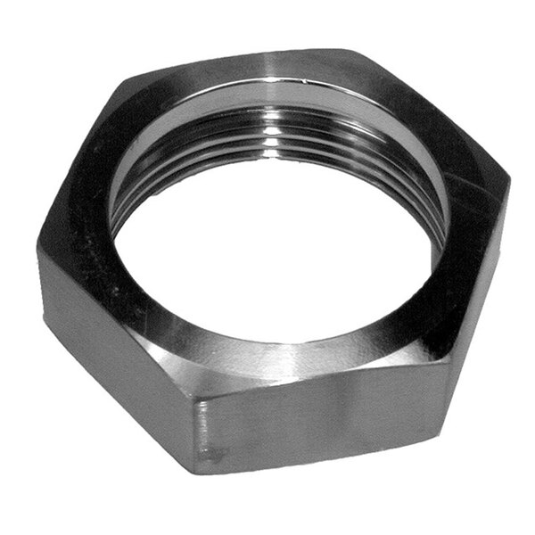 A close-up of a stainless steel hex nut for an All Points 2" draw-off valve body.