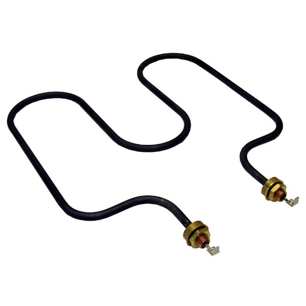 A black heating element with gold metal connectors and black wire with a gold nut.
