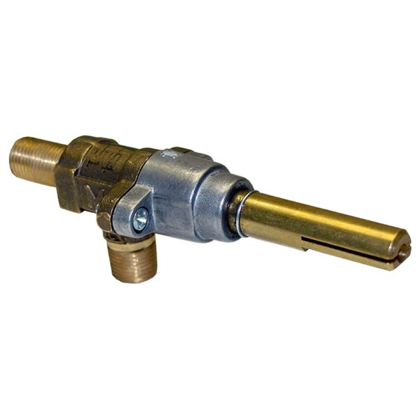 A brass and metal LP gas burner valve with a brass handle.