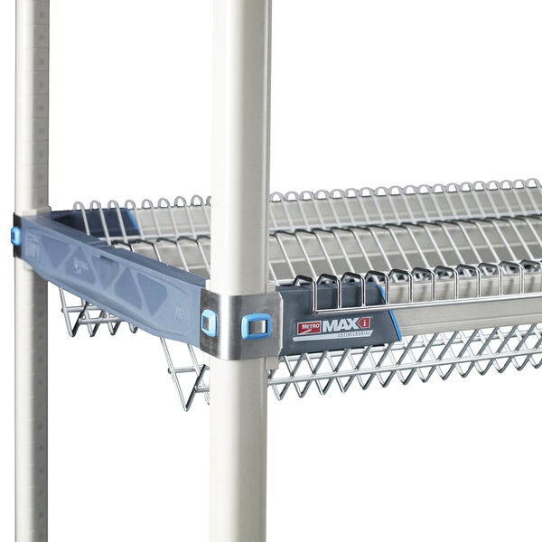 A MetroMax stainless steel drop-in rack on a metal shelf.