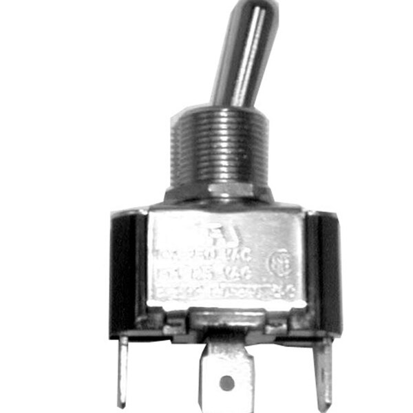 A close-up of a metal toggle switch with a metal pole.