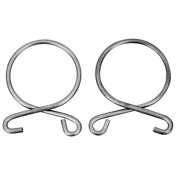 A pair of metal rings with metal hooks on the ends.