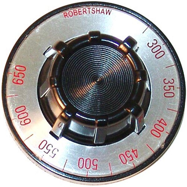 A close-up of a white Robertshaw oven thermostat dial with numbers on it.