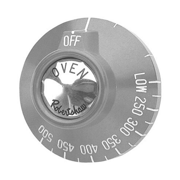 A close-up of a silver All Points oven thermostat dial.