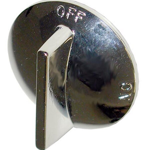 A close-up of a chrome knob with a black surface on it.