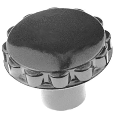 A black metal knob with a round top.