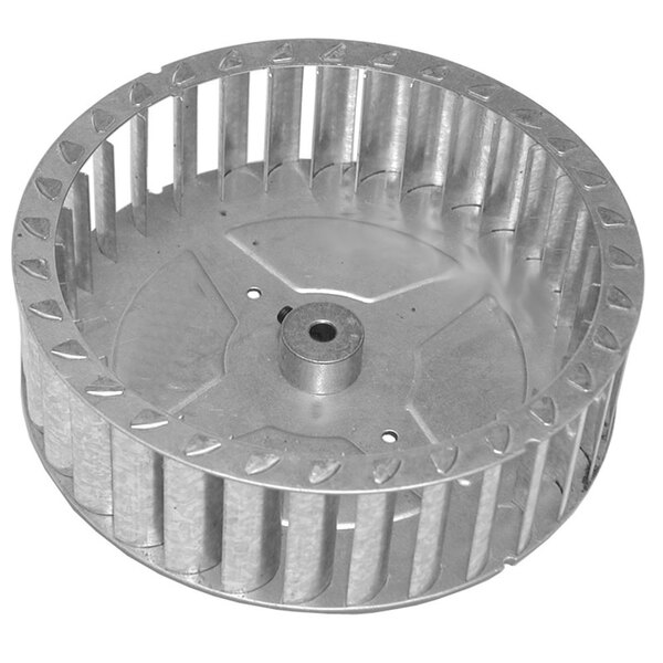 A metal circular blower wheel with holes on a white background.